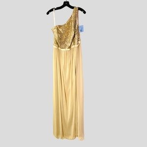 NEW - Long One Shoulder Gold Dress - Formal Dress with Sequins